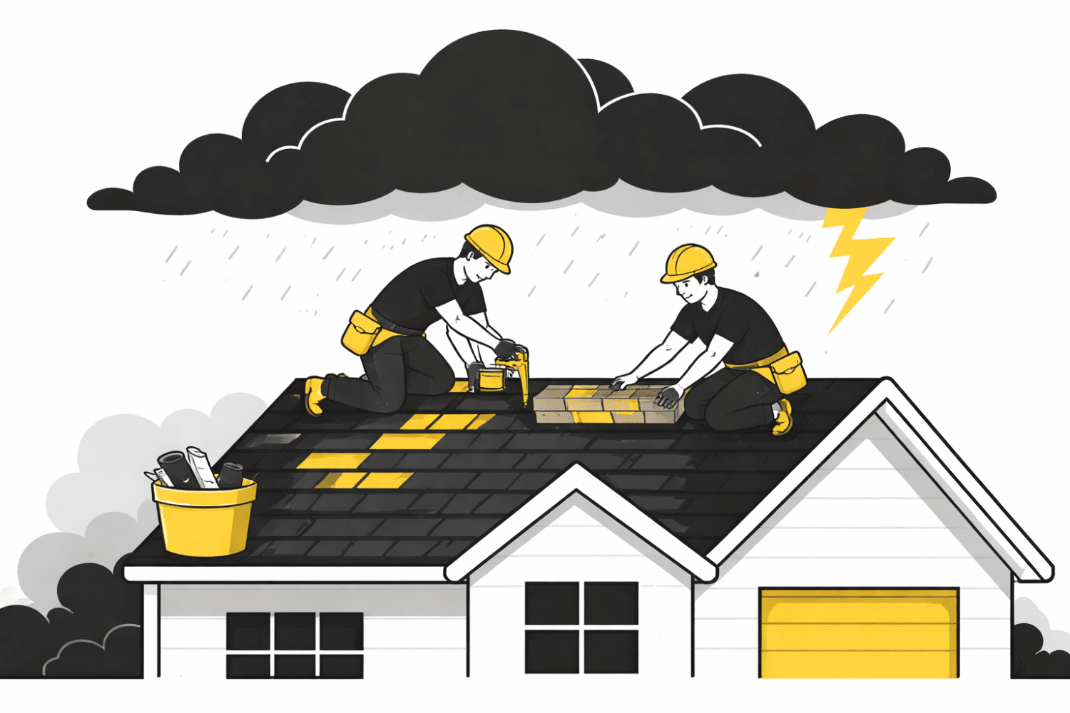 The image shows workers installing new asphalt shingles on a residential roof, ensuring the roof's integrity and preparing it for the upcoming storm season. Proper installation of high-quality roofing materials is essential to prevent roof leaks and costly repairs when severe weather hits.
