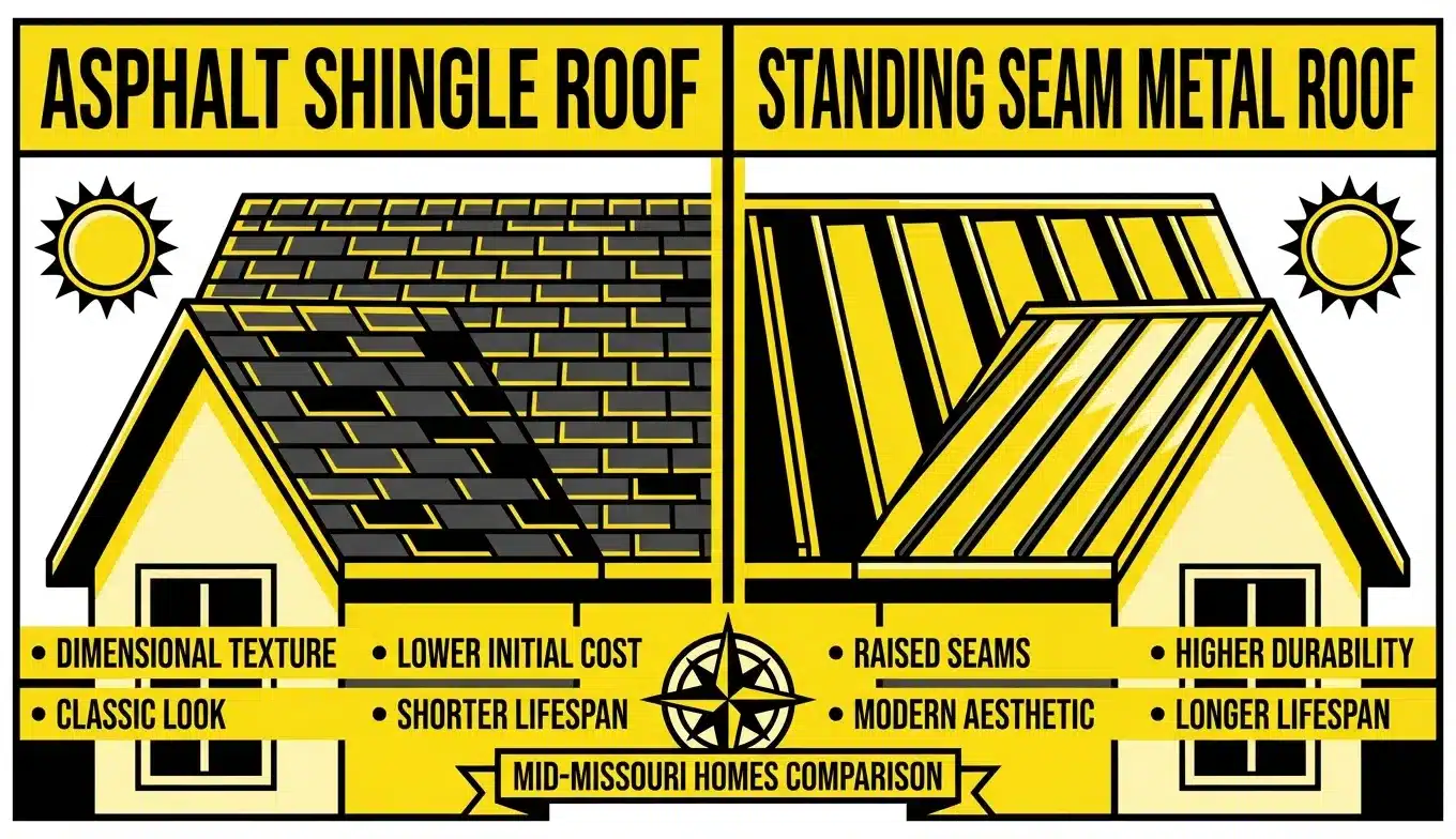 Side-by-side comparison of asphalt shingle roof and standing seam metal roof on Mid-Missouri homes