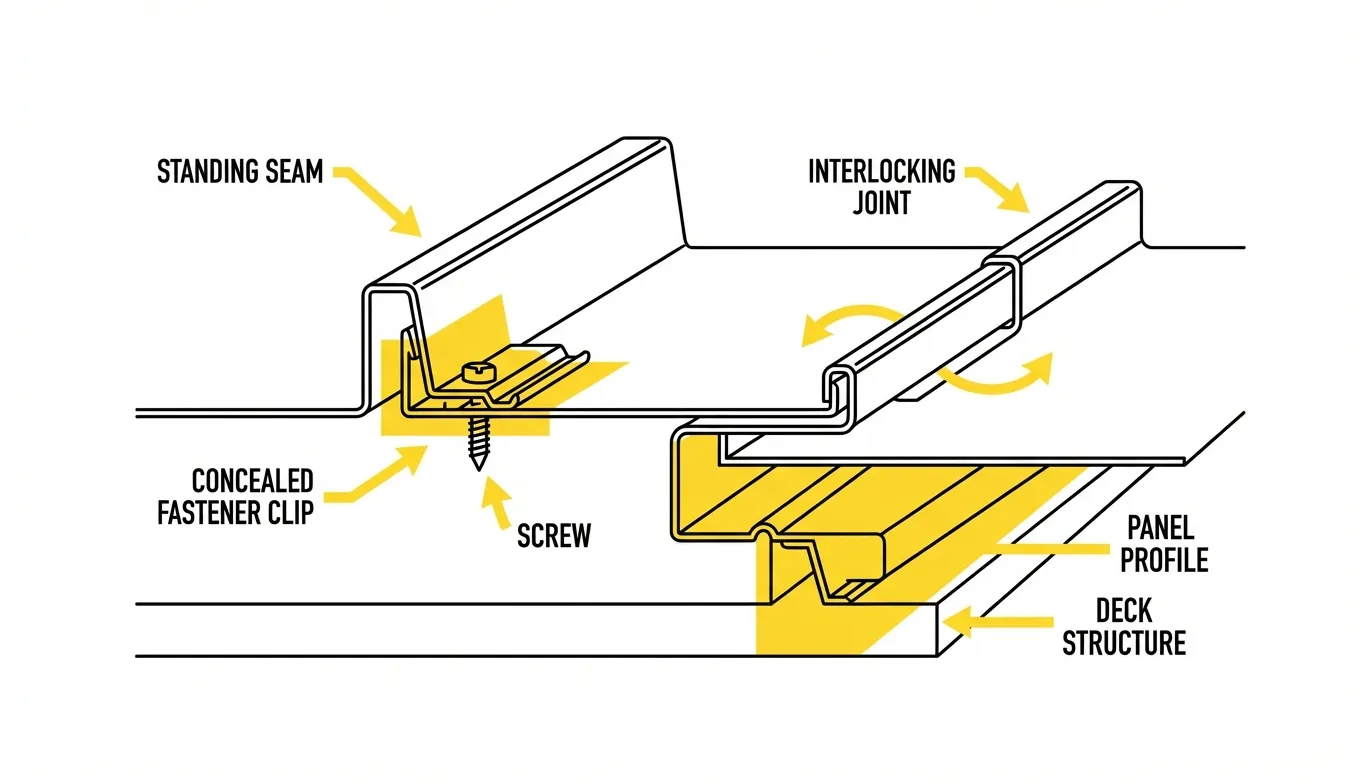 Standing seam metal roof close-up showing raised seams and concealed fastener design