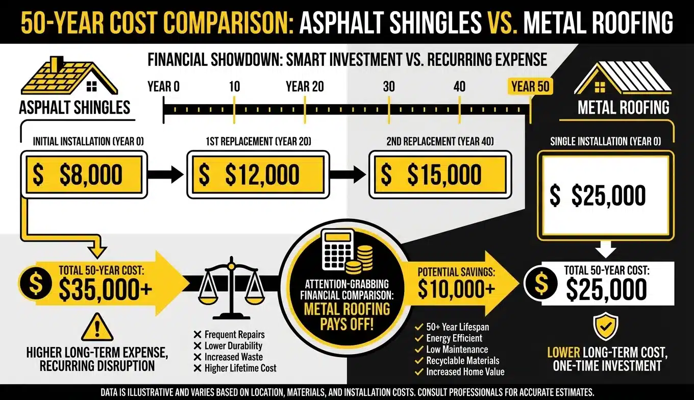 50-year cost comparison showing asphalt shingles versus metal roofing total costs
