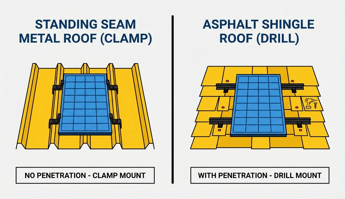 Solar panel mounting comparison showing clamp vs drill installation on different roof types