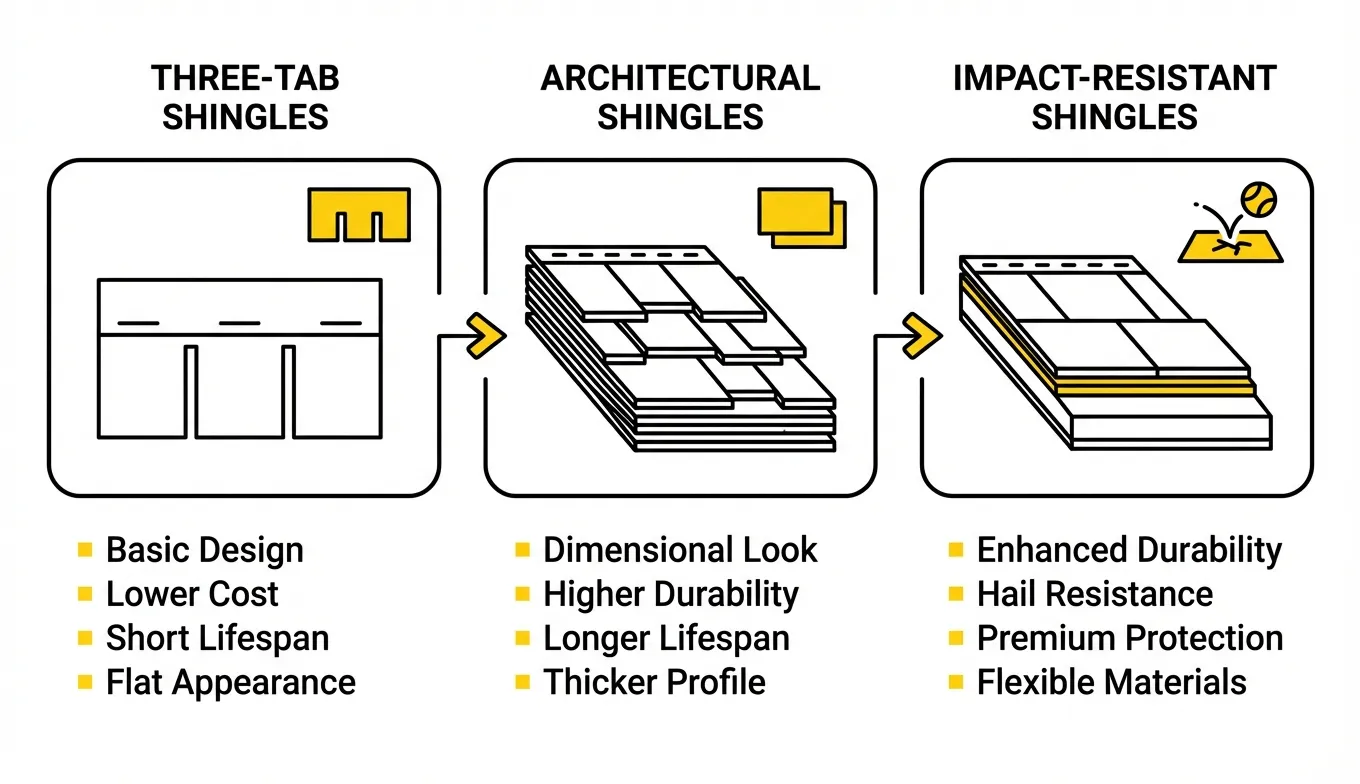 Comparison of three asphalt shingle types showing three-tab, architectural, and impact-resistant shingles