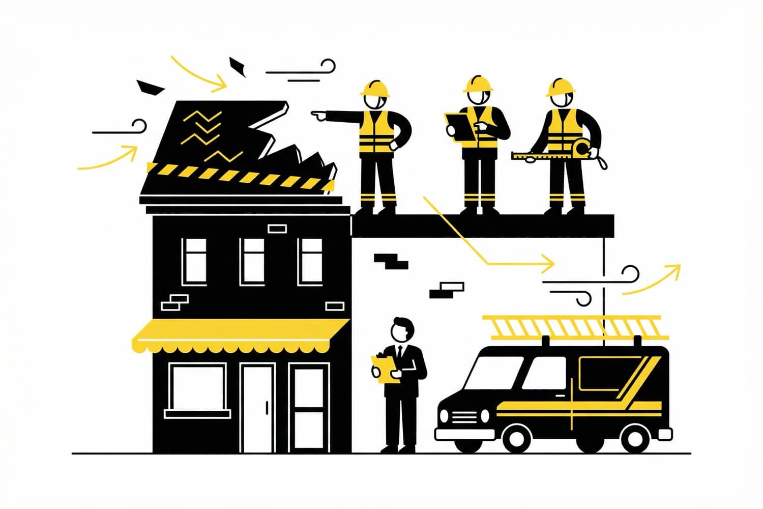 A professional roofing team performs a first inspection to assess serious damage after high winds, helping the business owner secure permanent repairs for their roofing emergency.