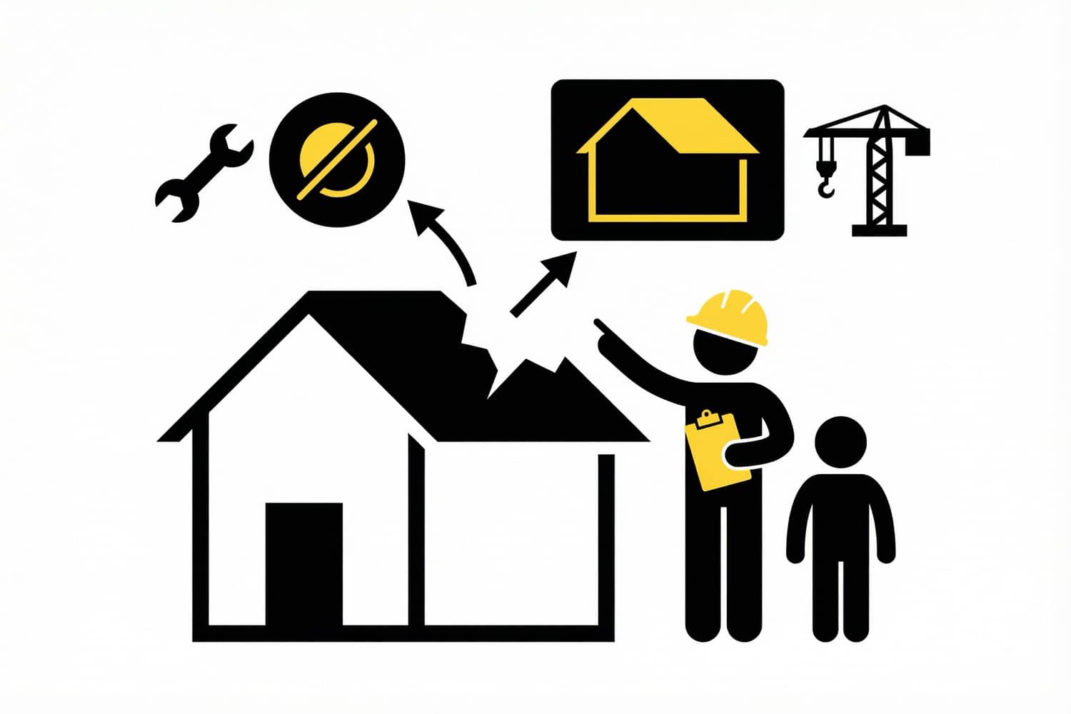 A roofing expert explains the best option for minor repairs versus a full replacement during a professional inspection of a home with serious damage.