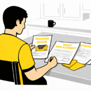 A homeowner sits at a kitchen table, meticulously reviewing roofing documents related to a potential roof replacement, considering factors such as roofing materials and storm damage restoration. The scene reflects the importance of hiring trusted roofing contractors to ensure quality craftsmanship and protect the home from future weather-related issues.