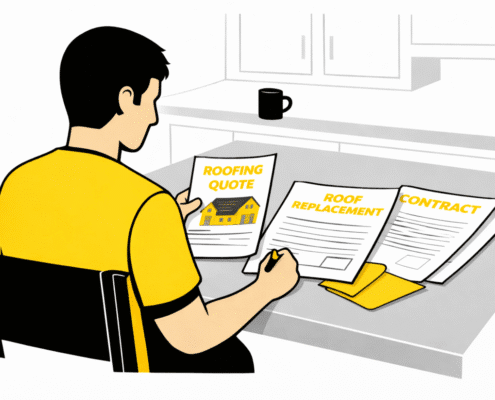 A homeowner sits at a kitchen table, meticulously reviewing roofing documents related to a potential roof replacement, considering factors such as roofing materials and storm damage restoration. The scene reflects the importance of hiring trusted roofing contractors to ensure quality craftsmanship and protect the home from future weather-related issues.