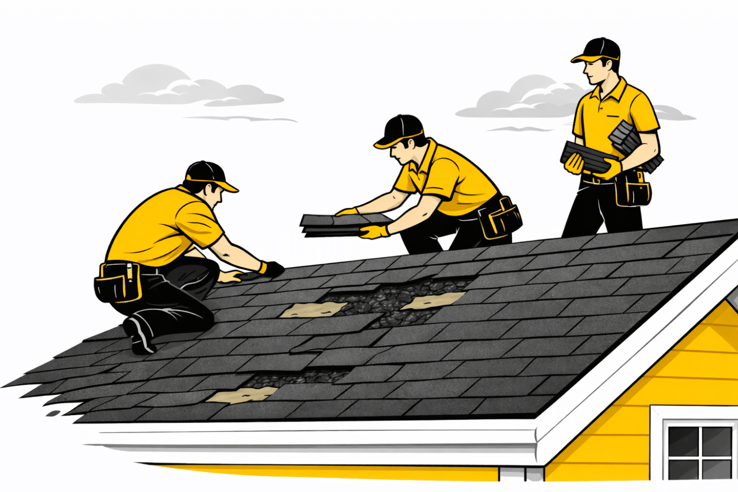 A roofing crew is actively installing new shingles on a residential home, showcasing the process of roof replacement. This image highlights the importance of proper roofing materials and skilled contractors in maintaining home safety and addressing roof damage claims for homeowners.