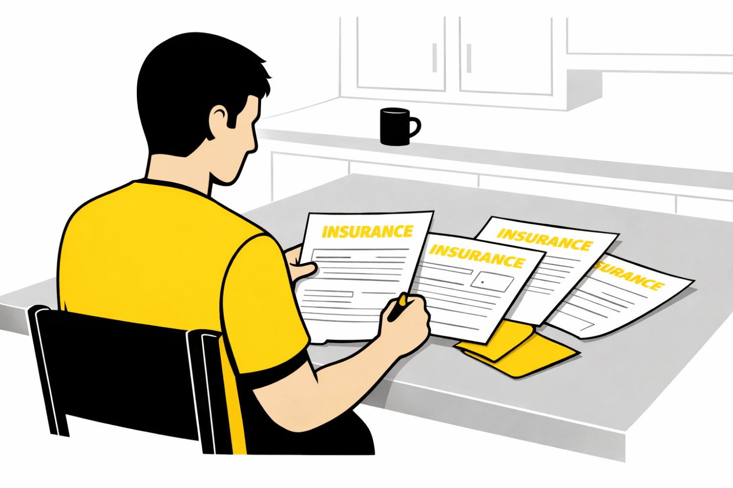 A homeowner is seated at a kitchen table, carefully reviewing various insurance documents and paperwork related to their homeowners insurance policies. The documents likely include details on replacement cost value (RCV) and actual cash value (ACV) coverage for potential roof claims, emphasizing the importance of understanding insurance coverage for roof replacements and associated costs.