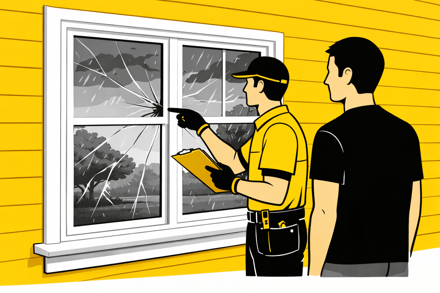A professional contractor is inspecting the home's windows alongside a homeowner, discussing potential storm damage such as broken glass and cracked window frames. They are assessing the condition of the multi-pane windows to determine needed repairs and ensure the home's safety before the next storm hits.