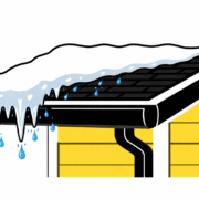 A close-up view of a thick ice dam formation along the edge of a residential roof, with snow covering the upper section. This image highlights the potential for roof leaks and water damage due to melting snow and moisture buildup, emphasizing the importance of proper ventilation and attic insulation to prevent such issues.