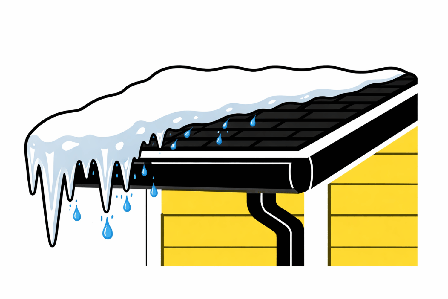 A close-up view of a thick ice dam formation along the edge of a residential roof, with snow covering the upper section. This image highlights the potential for roof leaks and water damage due to melting snow and moisture buildup, emphasizing the importance of proper ventilation and attic insulation to prevent such issues.