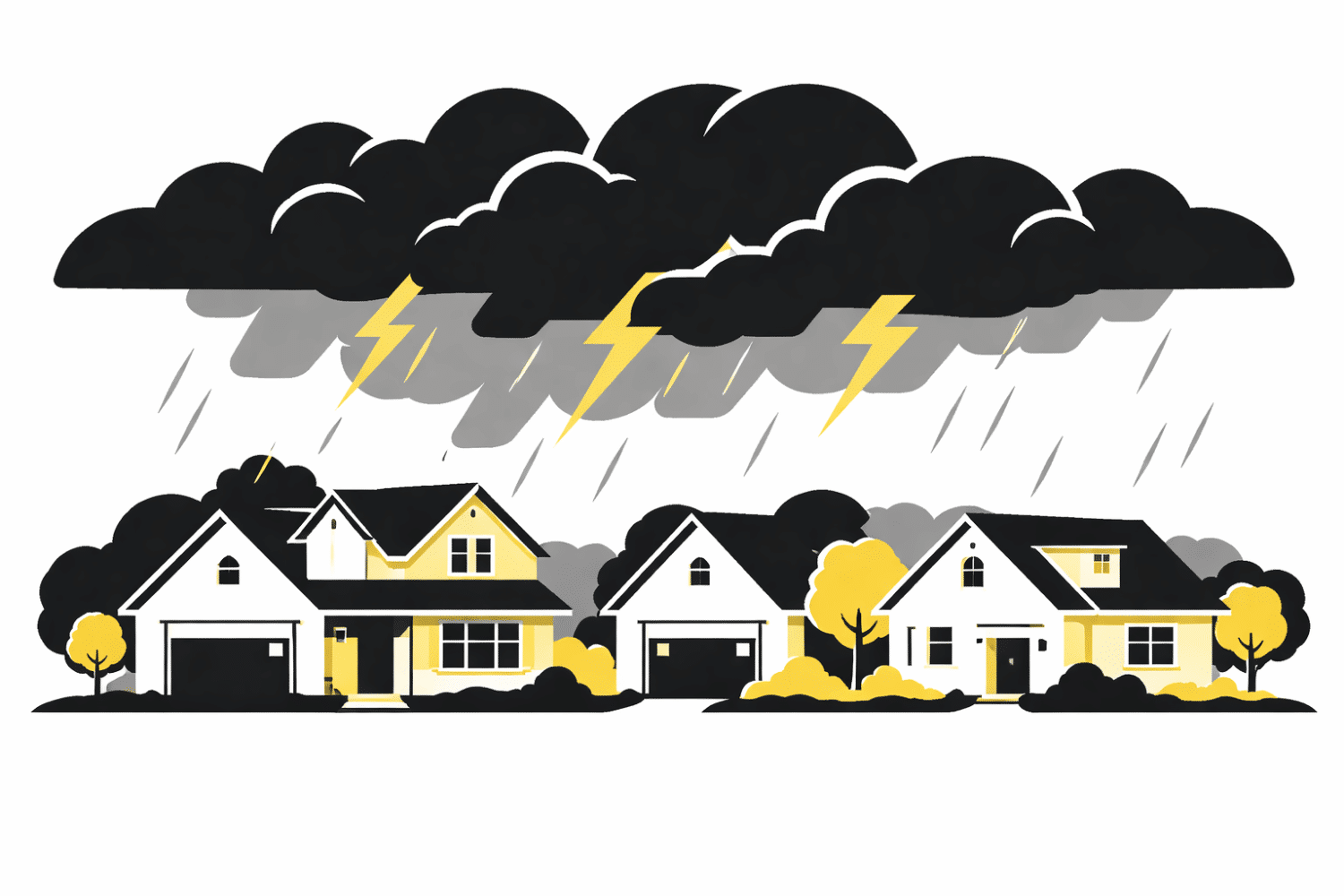 A dramatic scene depicts dark storm clouds looming over a residential neighborhood filled with traditional homes, highlighting the potential for roof damage from severe weather. Many homeowners may need to consider their roof insurance coverage and understand the difference between replacement cost value (RCV) and actual cash value (ACV) when filing a roof claim after a storm.