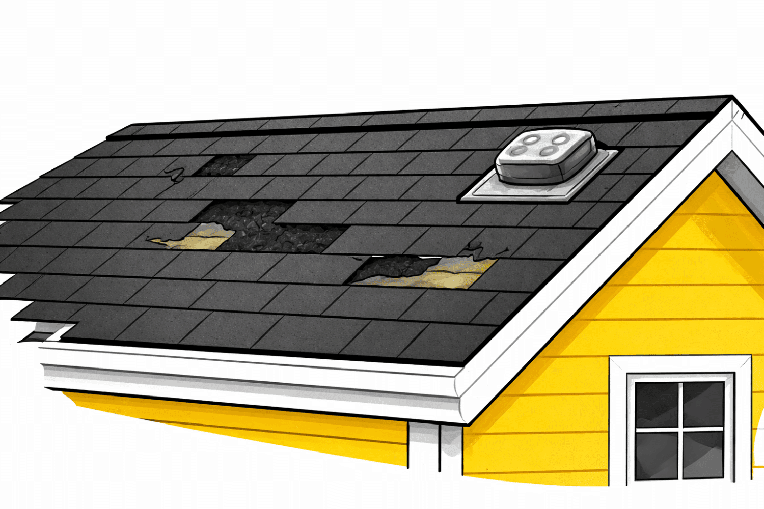 The image shows a residential roof with visible hail damage, characterized by dents on metal vents and missing shingles. This type of roof damage may necessitate filing a roof insurance claim with your insurance company to cover repair costs and ensure home safety.