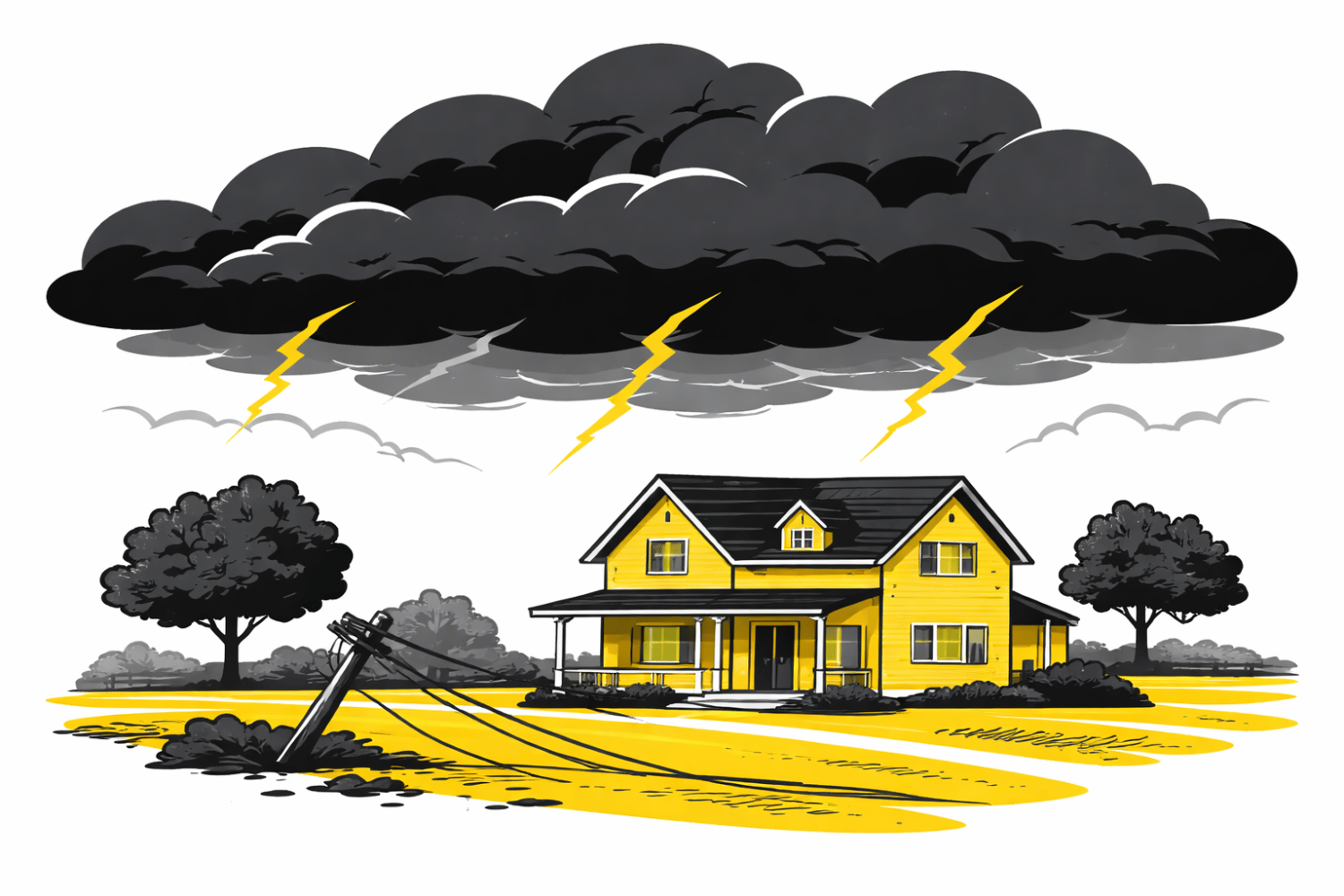 The image depicts a residential home in a rural Missouri setting, with ominous storm clouds gathering overhead, suggesting potential severe weather. Homeowners should be aware of the risks of storm damage, including broken windows and downed power lines, as future storms may lead to significant damage to their home's windows and frames.