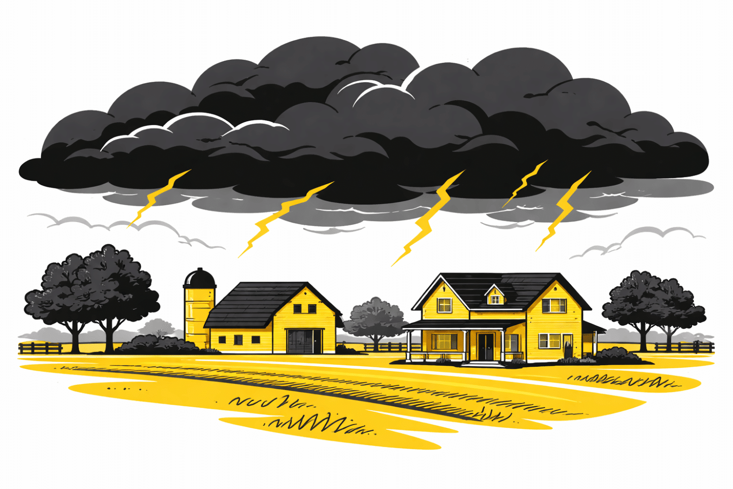 The image depicts dark storm clouds looming over a rural Missouri landscape, featuring farmhouses and trees, highlighting the potential for storm damage. This scene serves as a reminder for Missouri homeowners to consider roofing services such as roof repair or replacement, especially after severe weather events.