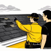 A roofing professional and a homeowner are inspecting a residential roof, discussing visible signs of roof damage such as missing shingles and potential leaks. This collaborative assessment is essential for understanding the roof insurance claim process and determining necessary repairs to ensure home safety.