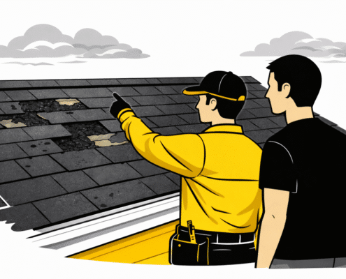 A roofing professional and a homeowner are inspecting a residential roof, discussing visible signs of roof damage such as missing shingles and potential leaks. This collaborative assessment is essential for understanding the roof insurance claim process and determining necessary repairs to ensure home safety.