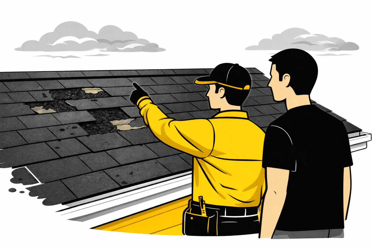 A roofing professional and a homeowner are inspecting a residential roof, discussing visible signs of roof damage such as missing shingles and potential leaks. This collaborative assessment is essential for understanding the roof insurance claim process and determining necessary repairs to ensure home safety.