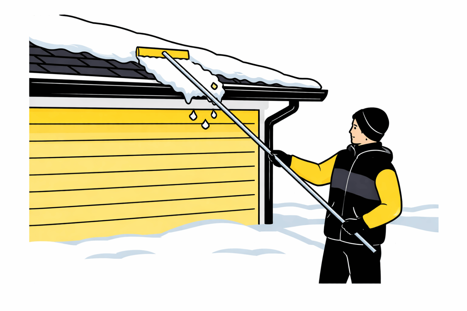 A person is using a long-handled roof rake to remove snow from the edge of a residential roof while standing safely on the ground, helping to prevent ice dam formation and potential water damage. The action is crucial for maintaining proper ventilation and preventing leaks that could lead to interior damage and increased energy costs.