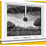 A close-up view of a window shows significant crack damage spreading across the glass surface, indicating potential storm damage. This broken glass may lead to security issues and water damage, highlighting the importance of a thorough inspection and possible repairs to ensure the home's safety.