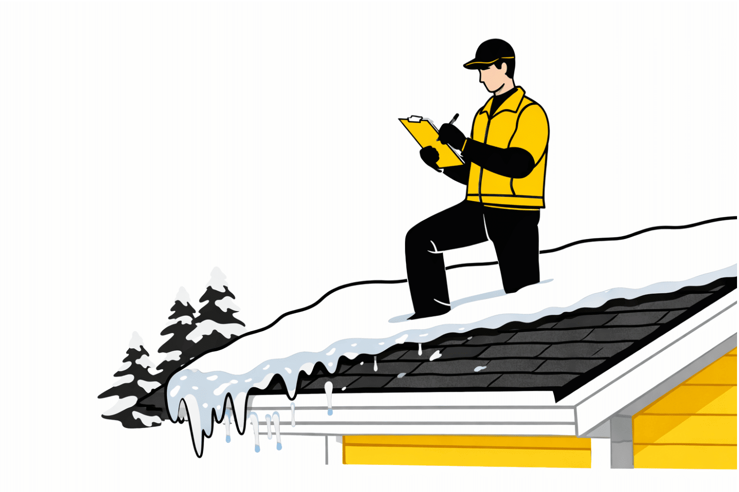 A professional roofing contractor stands on a snowy roof, inspecting for potential issues such as ice dam formation and roof leaks, while holding a clipboard. The scene highlights the importance of proper ventilation and attic insulation to prevent water damage and maintain energy efficiency during winter months.