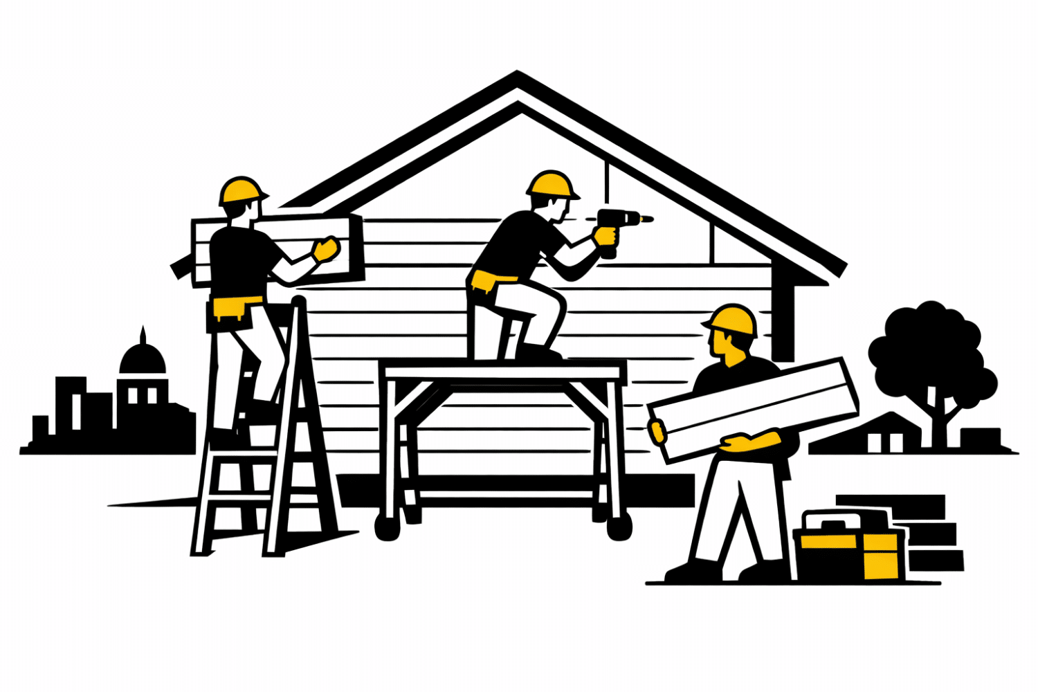 A professional construction crew is seen installing exterior panels on a residential home, showcasing the process of siding installation. The crew is working with durable materials such as James Hardie siding and vinyl siding to enhance the home's exterior and improve energy efficiency.