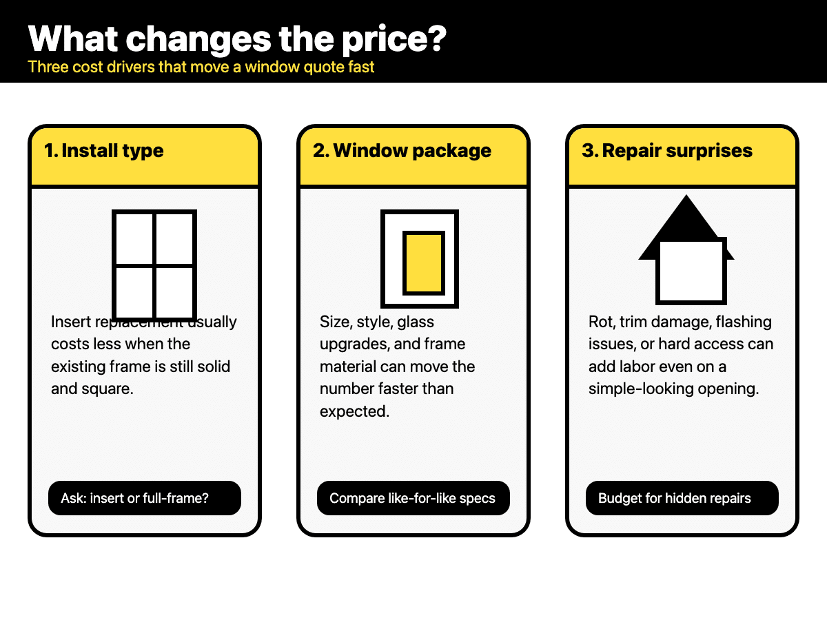 Simple comparison graphic showing three window replacement cost drivers: install type, window package, and hidden repair work