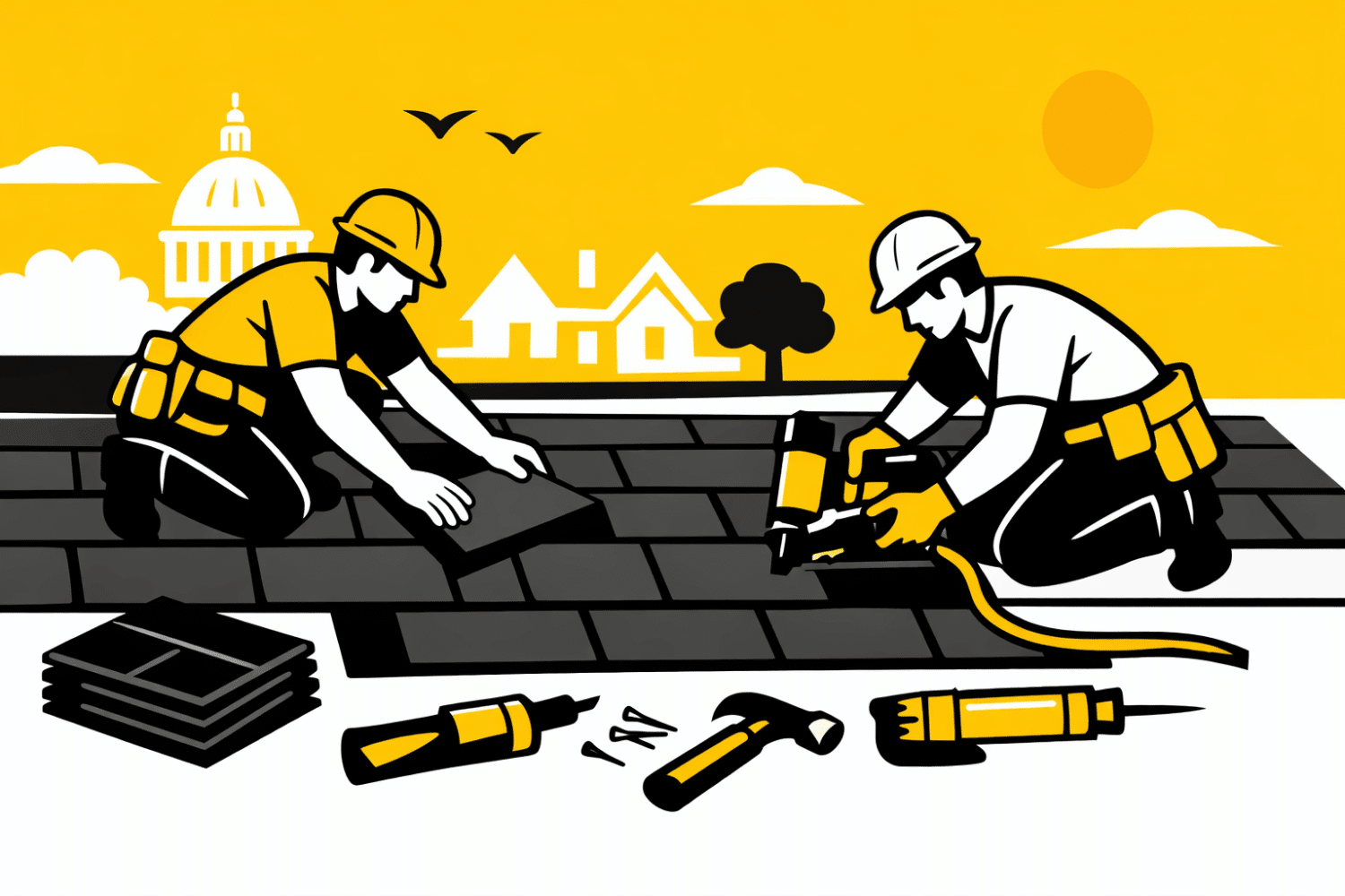 A close-up image shows professional roofers installing architectural asphalt shingles on a new roof, highlighting the roofing material and the precision involved in the roof replacement project. The scene emphasizes the labor costs and expertise of reputable roofing contractors in ensuring a durable and aesthetically pleasing finish.