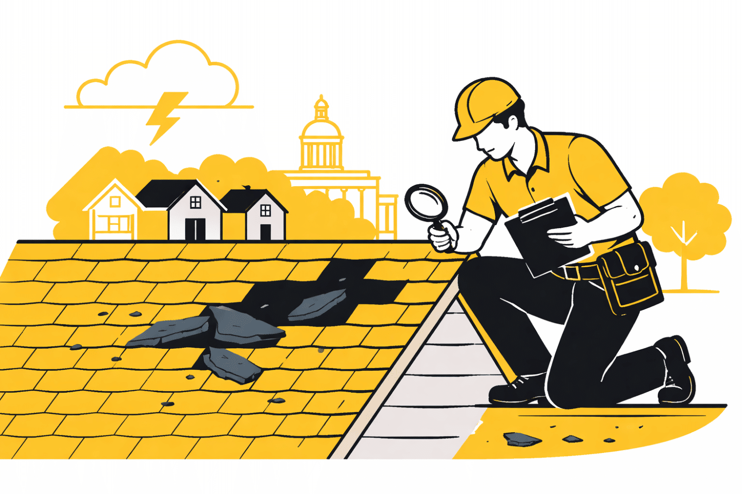 A professional roofing inspector is carefully examining asphalt shingles on a residential roof, checking for missing shingles and signs of roof damage caused by recent severe weather. This thorough roof inspection is crucial for Missouri homeowners to ensure proper documentation for any potential roof insurance claims.