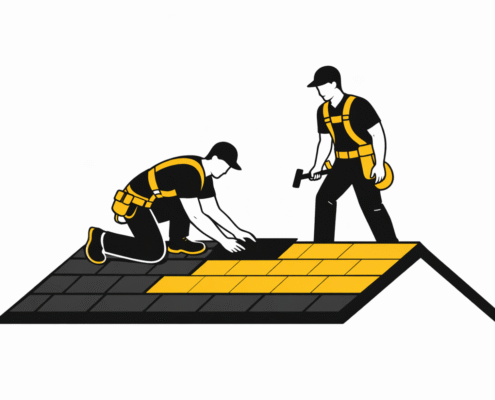 A roofing crew is actively working on a residential roof, equipped with safety harnesses and various tools, while installing new asphalt shingles. This scene highlights the importance of skilled roofing contractors and the labor costs involved in roof replacement, ensuring quality craftsmanship and adherence to local building codes.