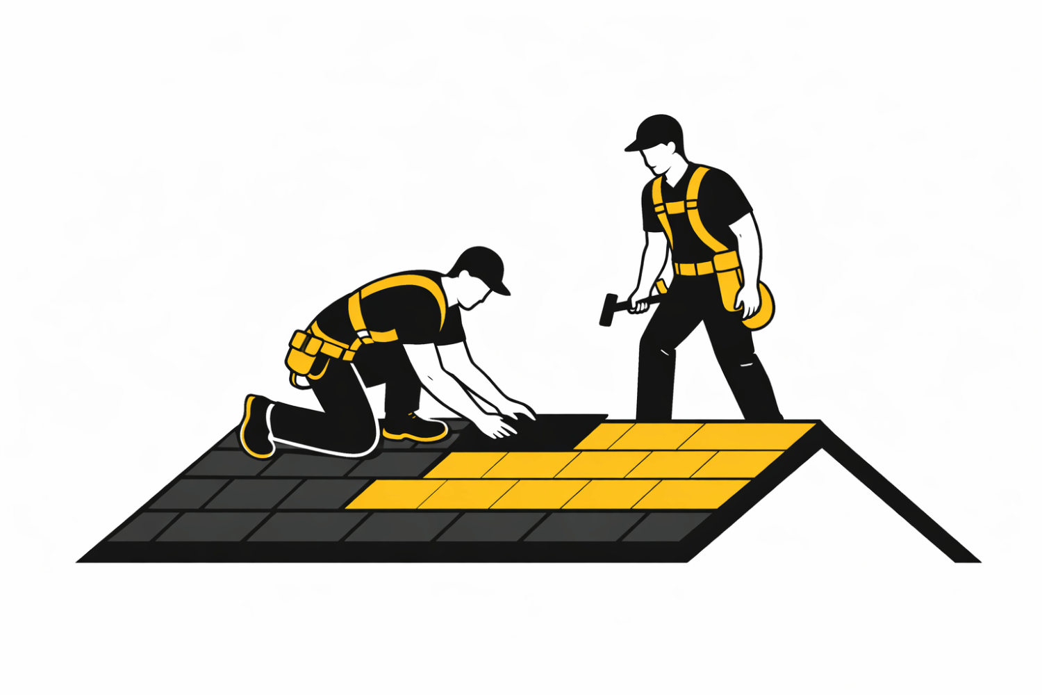 A roofing crew is actively working on a residential roof, equipped with safety harnesses and various tools, while installing new asphalt shingles. This scene highlights the importance of skilled roofing contractors and the labor costs involved in roof replacement, ensuring quality craftsmanship and adherence to local building codes.