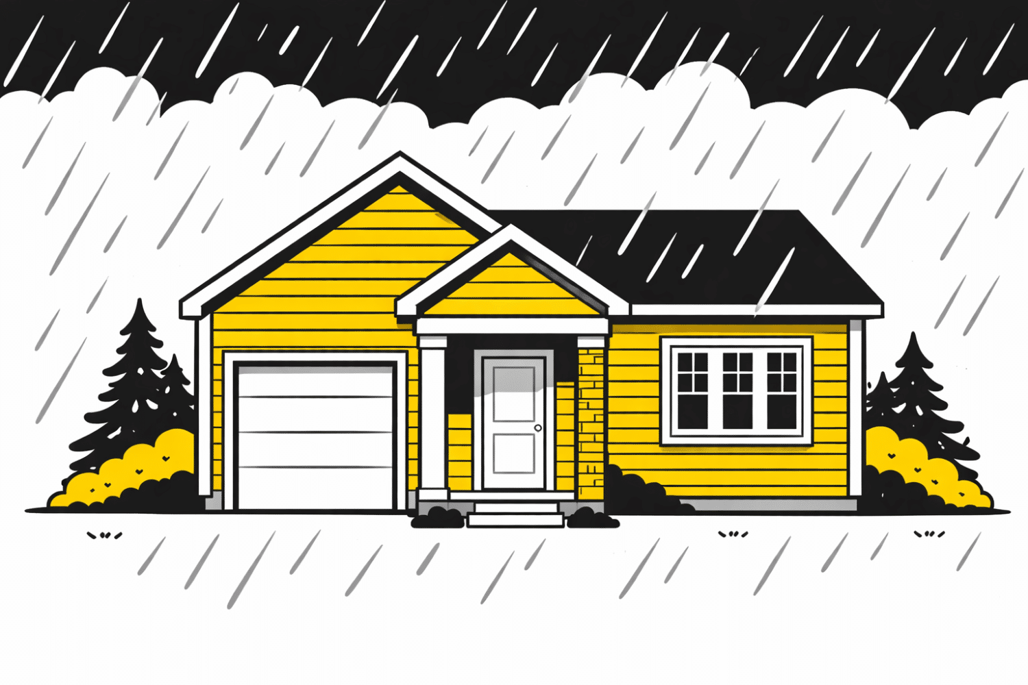 The image depicts a residential home's exterior on a stormy day, with rain visibly falling and an overcast sky. The house features durable siding, possibly vinyl or James Hardie siding, showcasing its energy efficiency and low maintenance qualities amidst the weather conditions.