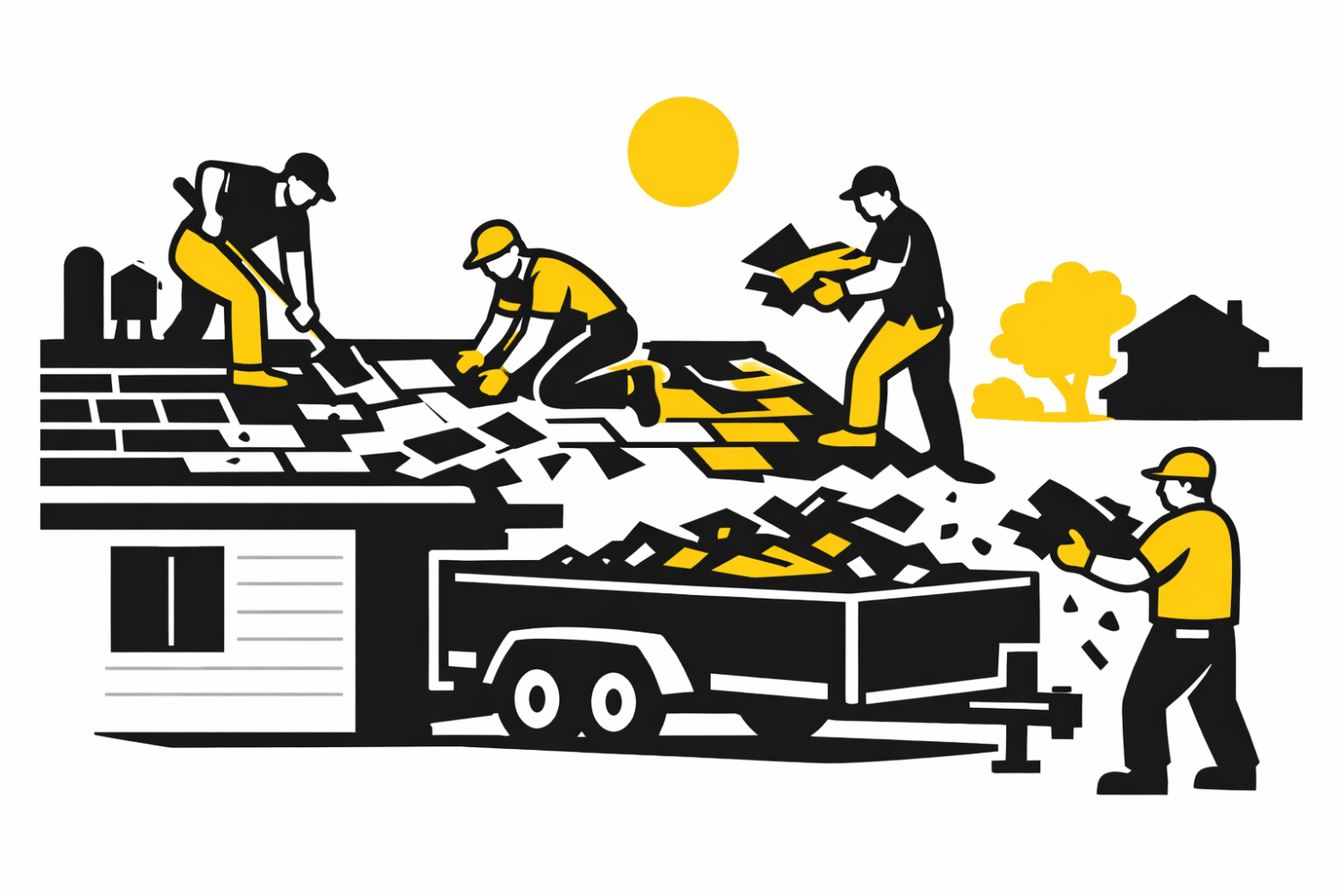 A team of workers is actively removing old shingles from a residential roof, with debris being loaded into a trailer for disposal. This roof replacement process involves careful handling of existing roofing materials, highlighting the labor costs and effort required for a successful installation of new shingles.