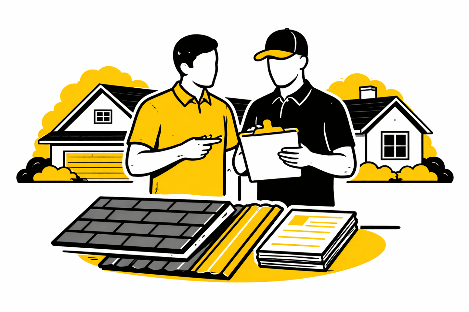 A homeowner and a contractor are standing outside a home, reviewing documents on a clipboard that likely includes roof replacement estimates and details about roofing materials such as asphalt shingles and metal roofing. The discussion may involve important factors such as labor costs, the total cost per square foot, and the condition of the existing roof.