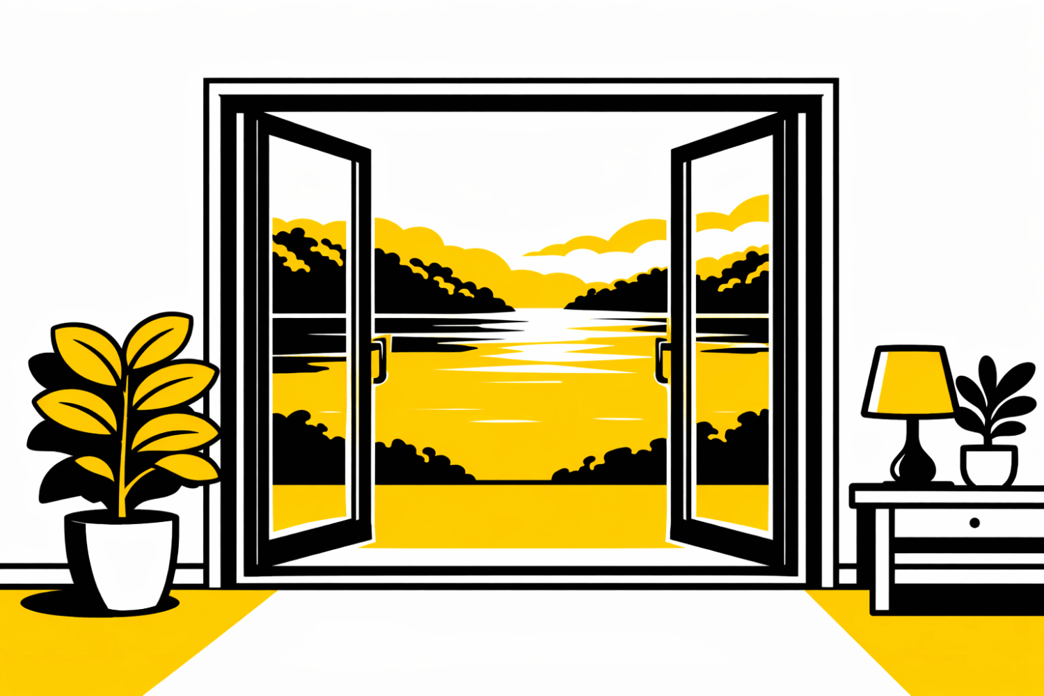 The image features modern casement windows with slim black frames, providing a stunning view of a serene lake. These energy-efficient windows are an excellent choice for homeowners looking to enhance their home's aesthetic appeal while benefiting from great insulation and minimal maintenance.