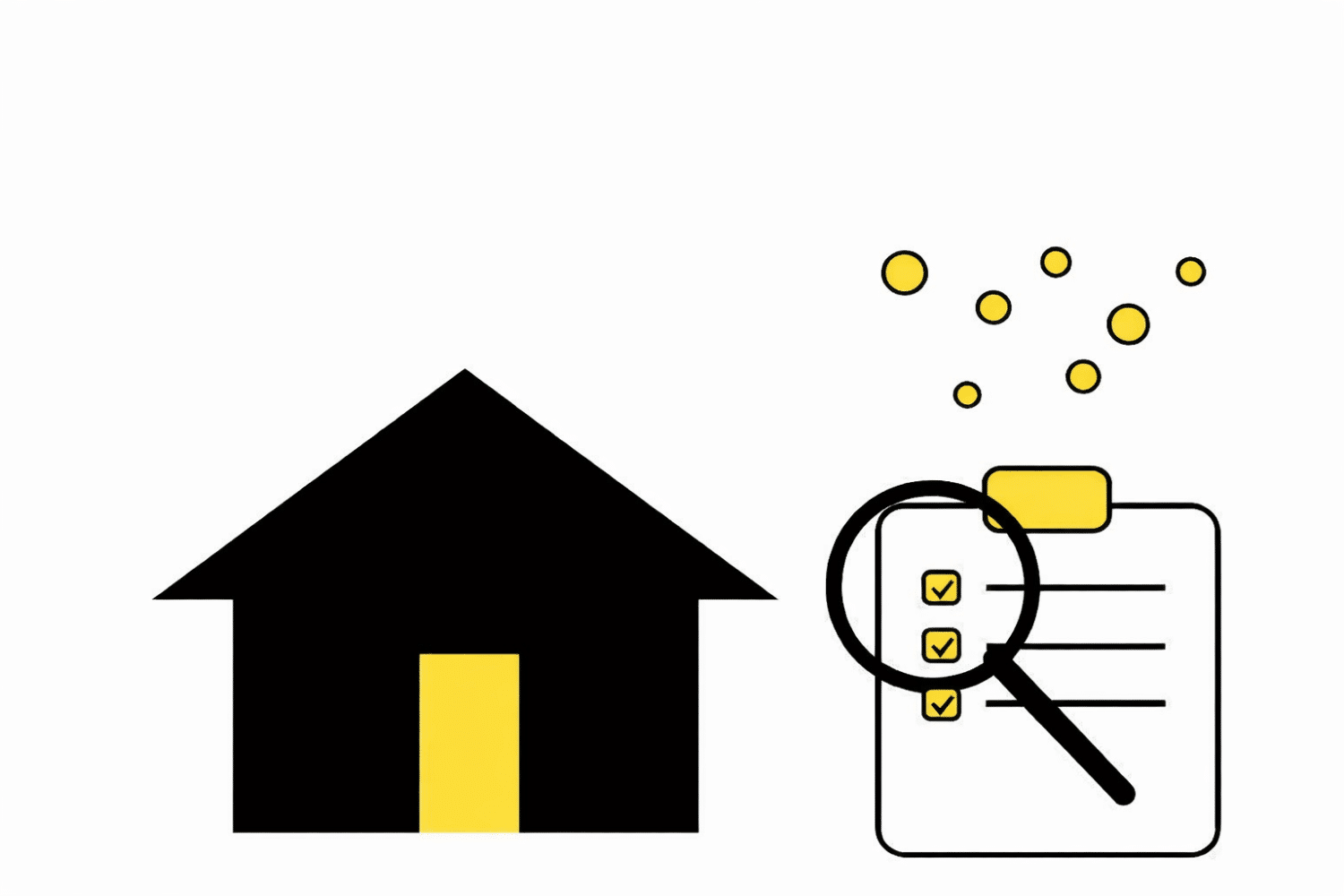 Minimalist illustration of a Mid-Missouri home, inspection magnifier, and claim checklist