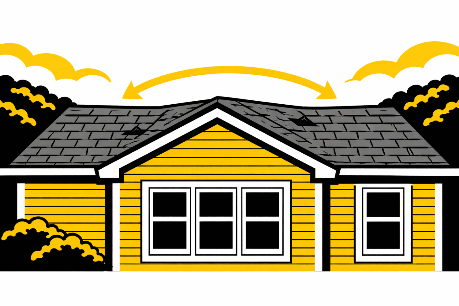 The image depicts a roof with a noticeable sagging ridge line, indicating potential structural damage that may require a full roof replacement. This condition is a common sign that Missouri homeowners should schedule a professional roof inspection to assess the need for repairs or a complete roofing project.