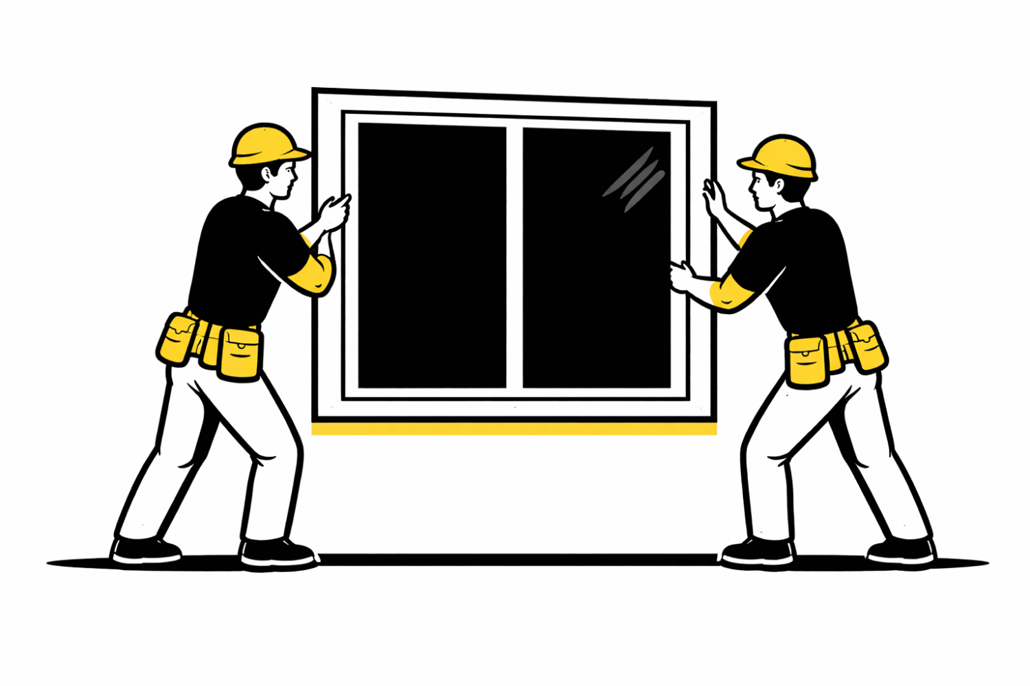 A professional installation crew is collaborating to install a large replacement window in a home, showcasing the careful installation process essential for achieving maximum energy efficiency. The team is handling energy-efficient vinyl windows, emphasizing the importance of proper installation for reducing energy bills and enhancing the home's curb appeal.