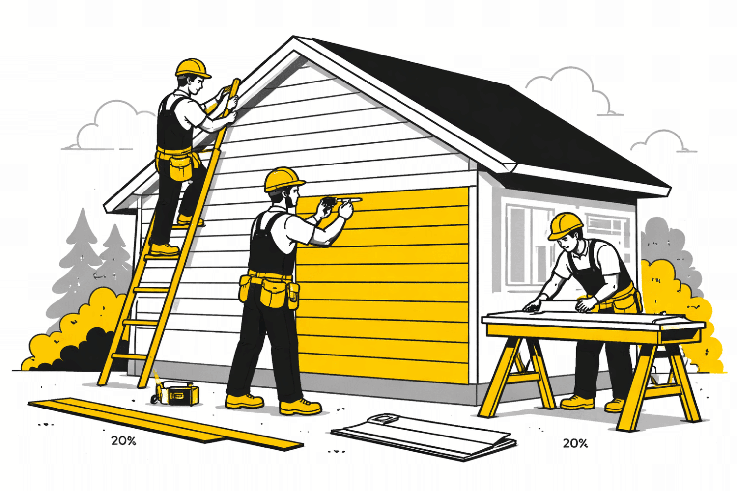 A team of professional contractors is diligently installing new vinyl siding panels on the exterior of a residential home, enhancing its curb appeal and providing protection against harsh elements. The siding installation showcases durable materials that offer a cost-effective solution for homeowners looking to replace old siding.