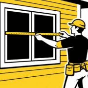 A professional window installer is measuring a window opening on the exterior of a residential home, preparing for the installation of new energy efficient windows. The image highlights the importance of precise measurements in the window replacement process to ensure maximum energy efficiency and proper fitting of replacement windows.
