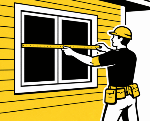 A professional window installer is measuring a window opening on the exterior of a residential home, preparing for the installation of new energy efficient windows. The image highlights the importance of precise measurements in the window replacement process to ensure maximum energy efficiency and proper fitting of replacement windows.