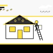 Minimalist illustration of a Columbia, MO roof inspection with an inspector on a ladder checking an asphalt-shingle roof after storm wear.
