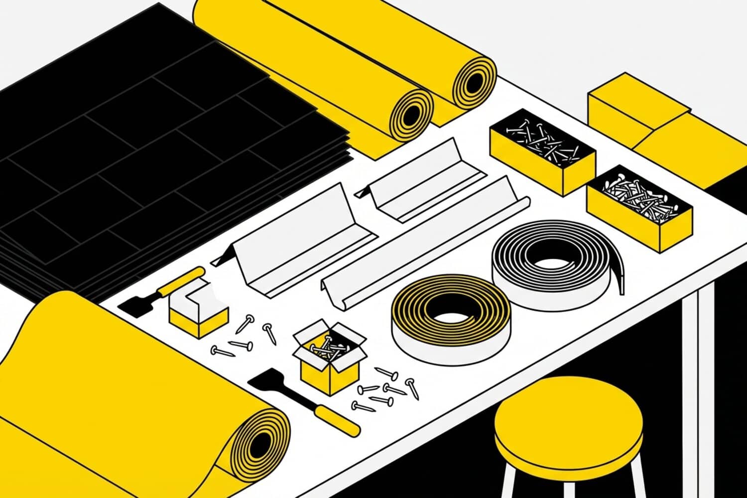Roofing materials including asphalt shingles underlayment flashing and drip edge components in CoMo Premium Exteriors brand colors