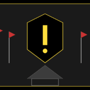 Warning shield with red flags representing storm chaser roofing scam warning signs