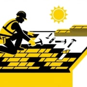 Professional shingle installation process showing roofing materials and tools in CoMo Premium Exteriors brand colors