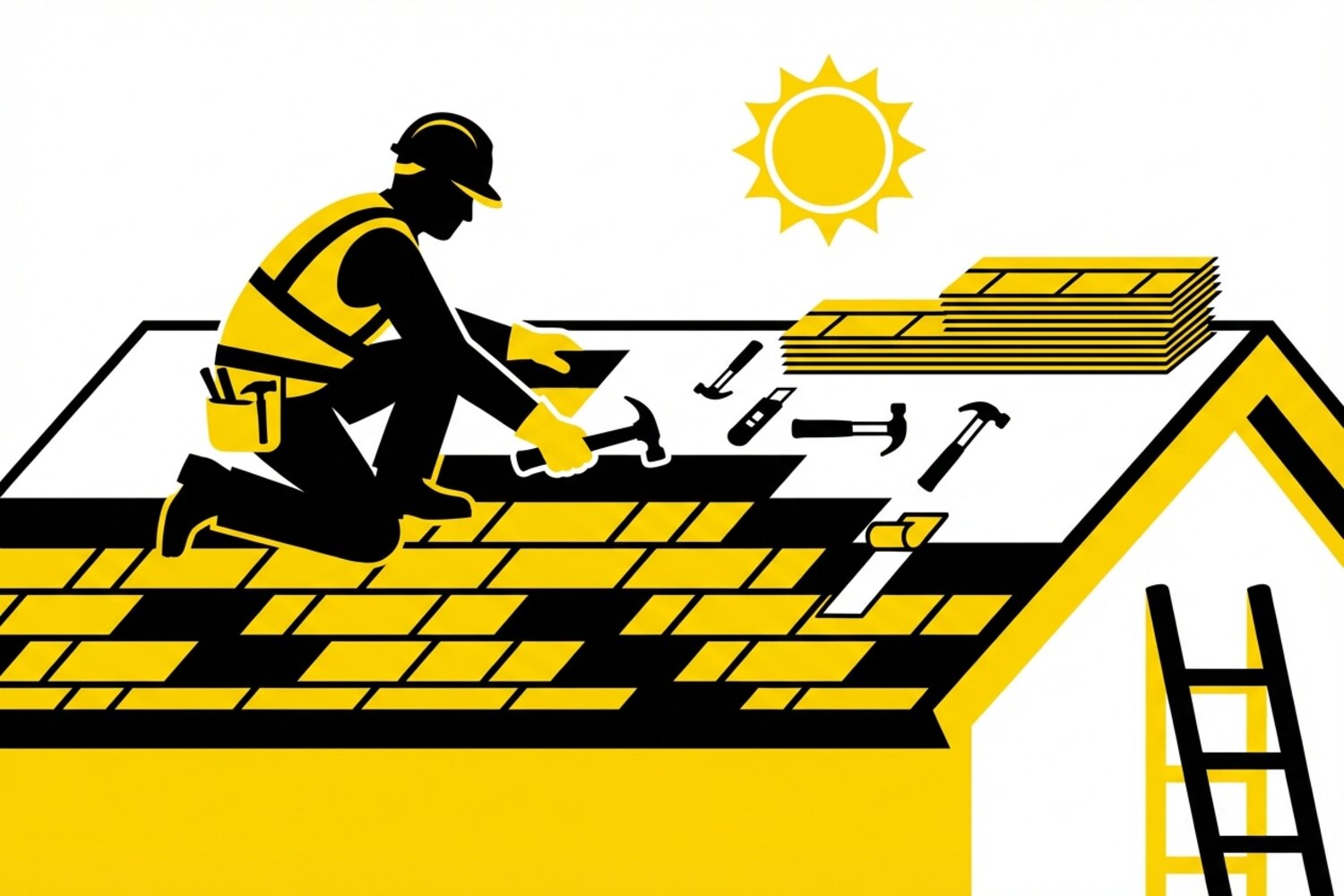 Professional shingle installation process showing roofing materials and tools in CoMo Premium Exteriors brand colors