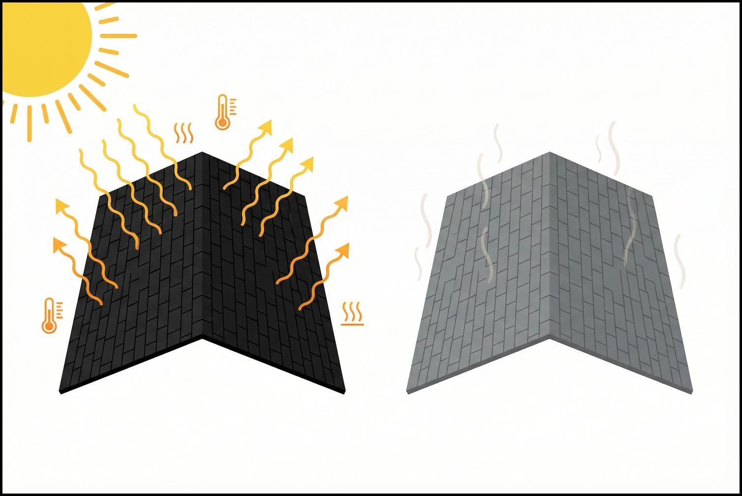 Black asphalt shingles radiating heat vs cooler grey shingles viewed from above