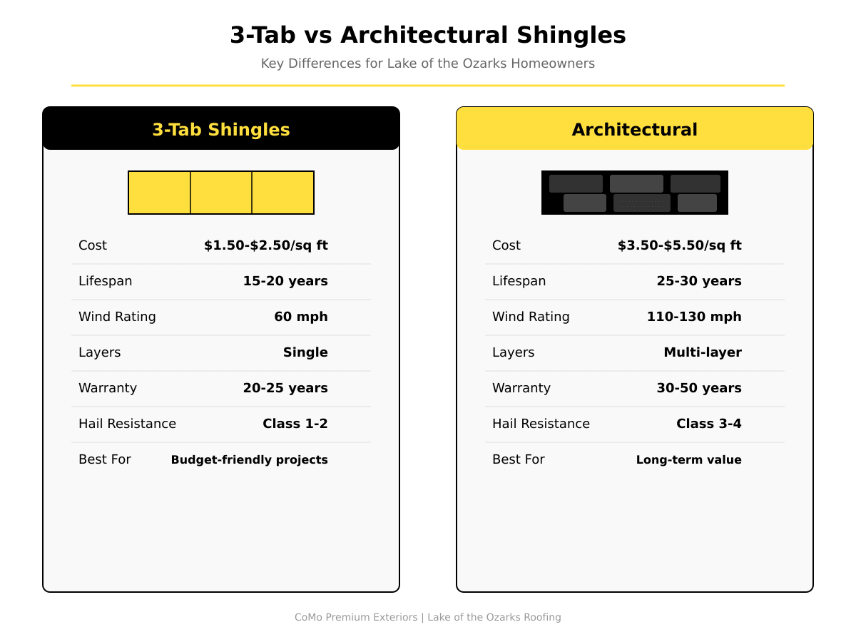 Comparison chart of 3-tab vs architectural shingles for Lake of the Ozarks homeowners