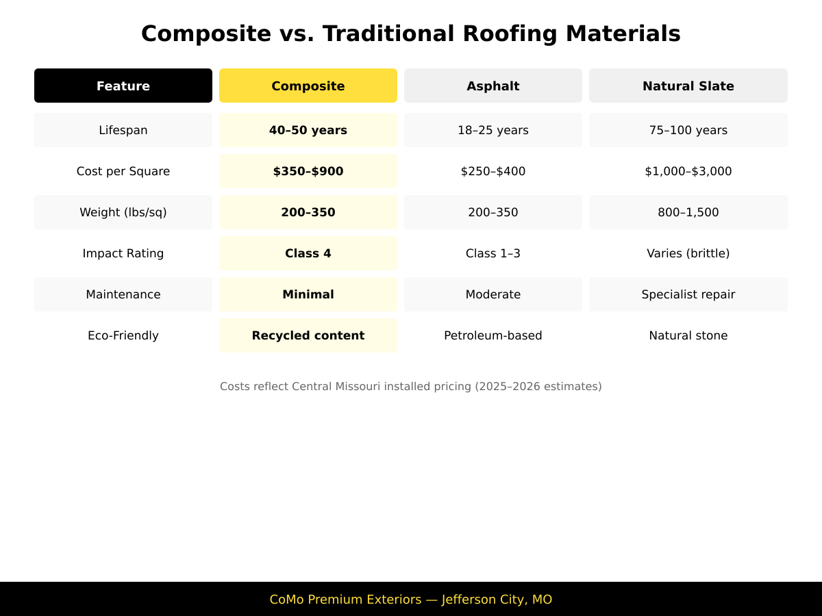 Side-by-side comparison of composite, asphalt, and natural slate roofing showing lifespan, cost, weight, and impact rating for Jefferson City homeowners