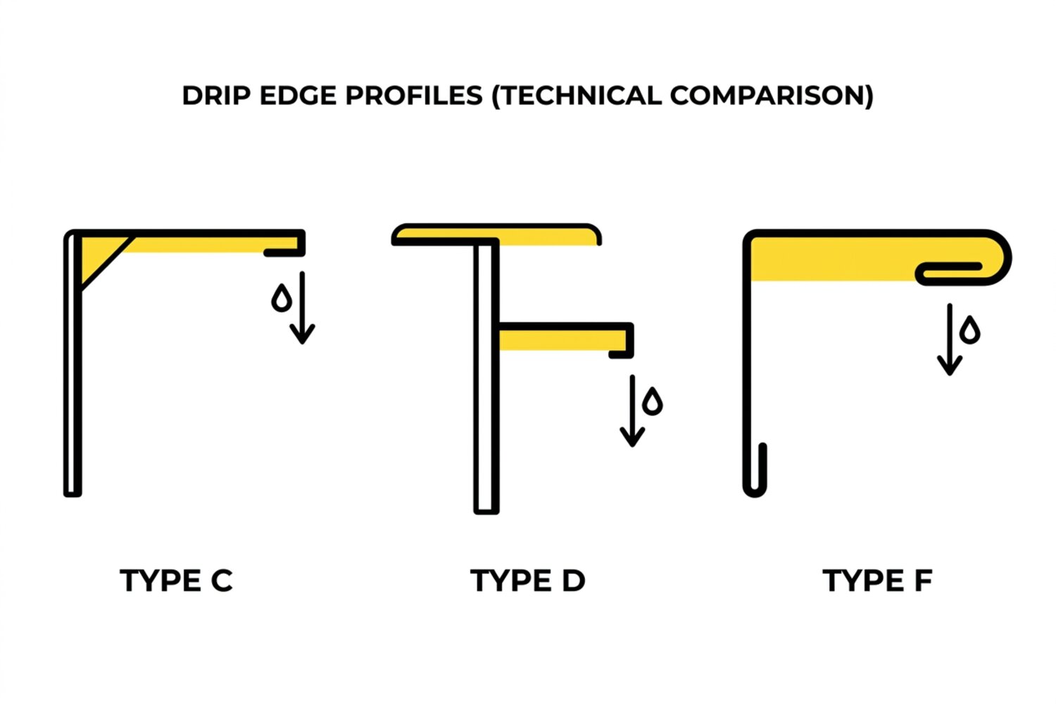 Side-by-side comparison of three drip edge profile types: Type C L-shape, Type D T-style, and Type F extended hem